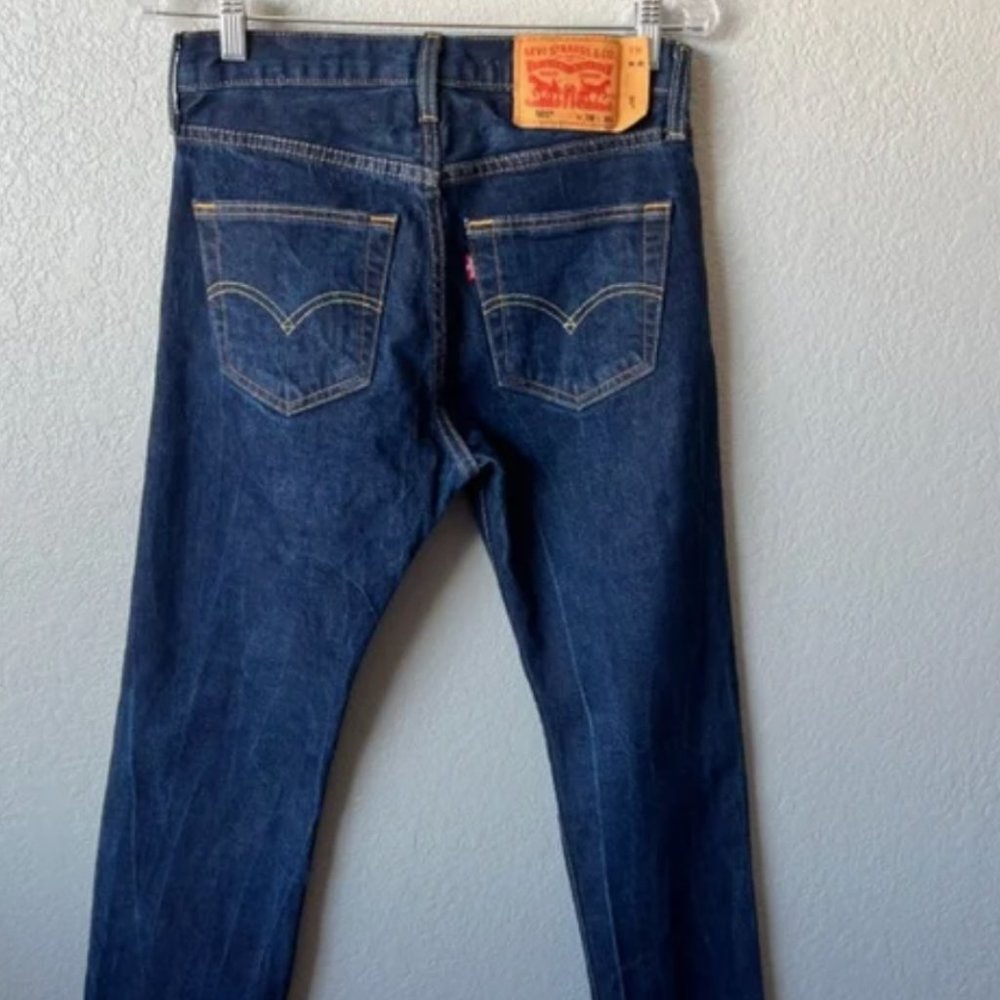 Levi’s 501 size 29 x 30 button fly, original straight dark wash jeans, mid-rise.
